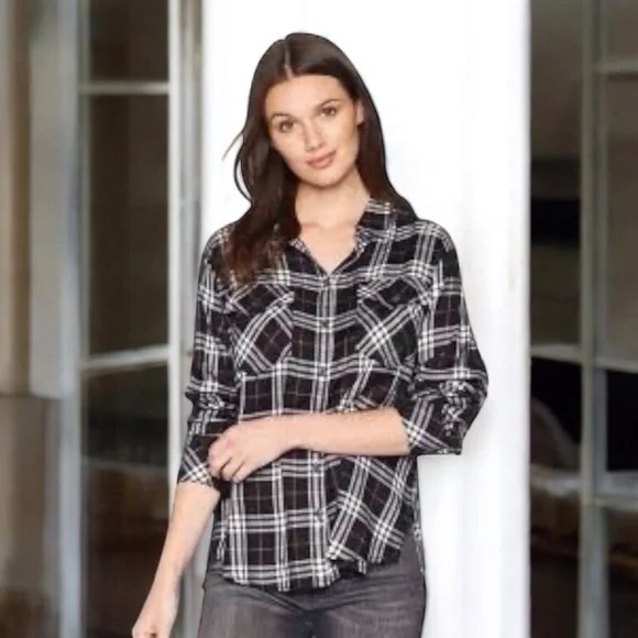 Sanctuary Anthropology Plaid Shirt Grunge Plaid Black white - Picture 3 of 10